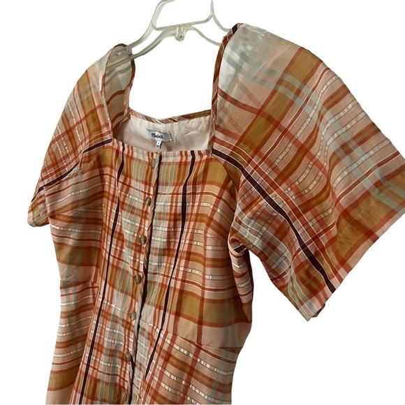 Madewell Silk Blend Orange Shimmer Plaid Mini Dress 2 NWT prairie boho - Picture 9 of 15